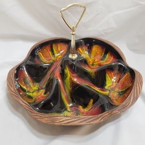 Sequoia Ware Pottery 608 Divided Relish Nut Candy Dish Lava Glaze